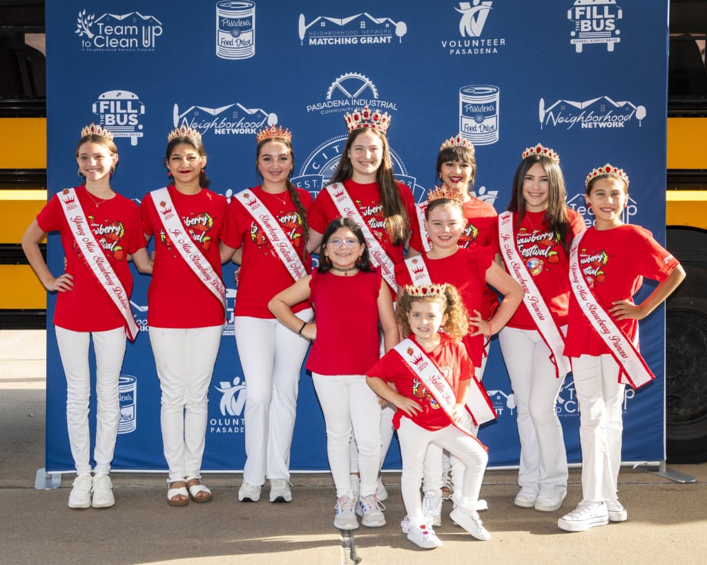 The Strawberry Queens pose to promote the Fill the Bus school supply drive in Pasadena, Texas.