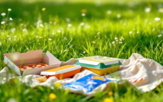 Fast food wrappers sit on green grass, highlighting the benefits of paperization in PVOH-based packaging.