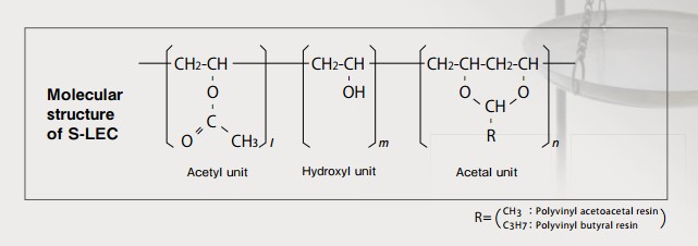 A diagram illustrates the molecular structure of S-LEC B/K polyvinyl acetal resin.